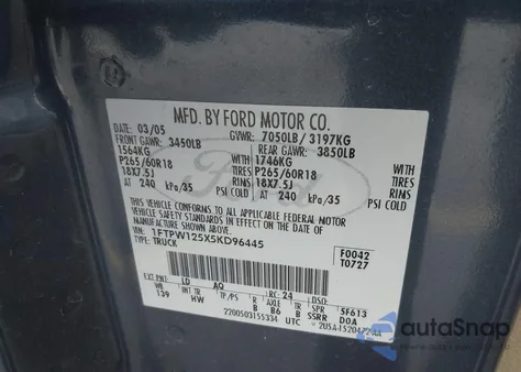 2005 Ford F-150 Lariat/Xlt z USA, uszkodzony, nr VIN 1FTPW125X5KD96445